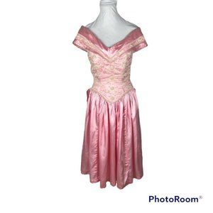 Vtg 80s Pink Satin Lace Beaded Prom Dress Size 6 Off The Shoulder Big Bow